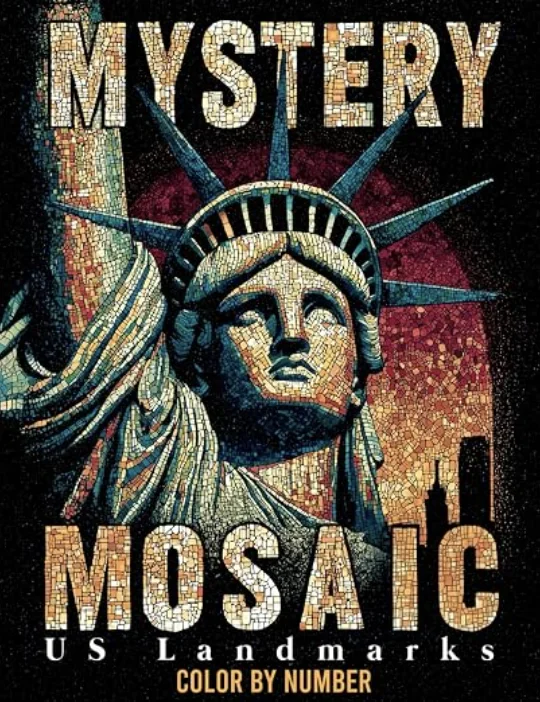 Book cover for "Mystery Mosaic: US Landmarks – Color by Number," showcasing the Statue of Liberty as a detailed mystery mosaic made of tiny numbered shapes.