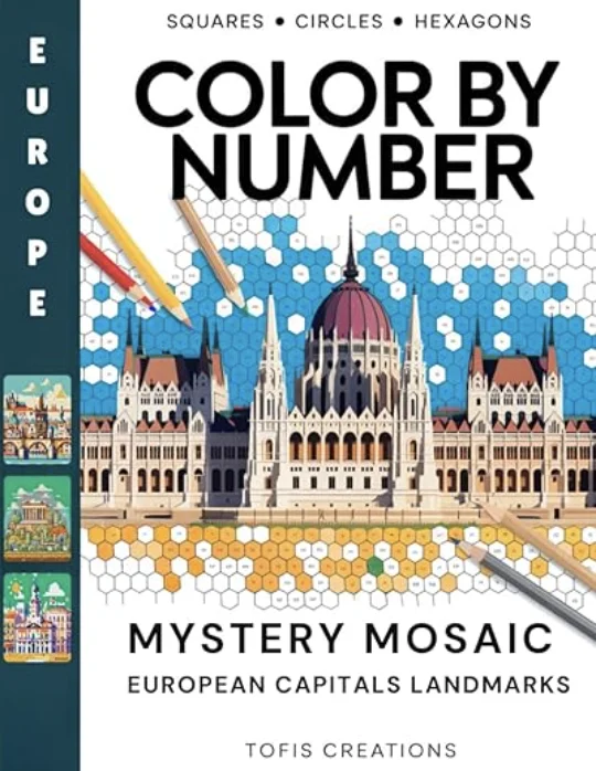Cover of "Mystery Mosaic: Europe – Color by Number," featuring iconic European landmarks in a colorful mystery mosaic style made of tiny numbered shapes.